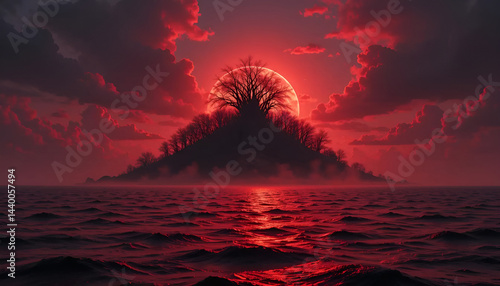 The surface and the island of red water scenery. Sky with clouds. Bloody sunset background with copy space for design. War, apocalypse, armageddon, nightmare, halloween, evil, horror