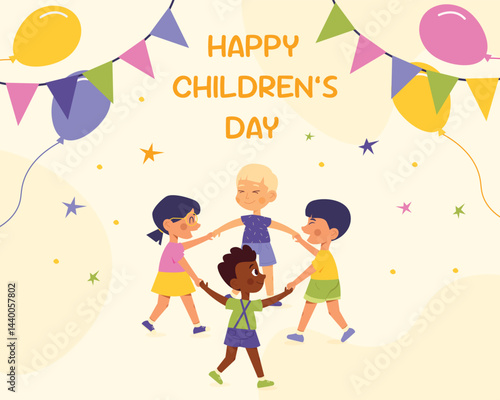 Happy International Children's Day. Group of cute smiling different nations boys and girls.Children together, multiethnic boys and girls. Kindergarten and school kids. Vector illustration flat cartoon