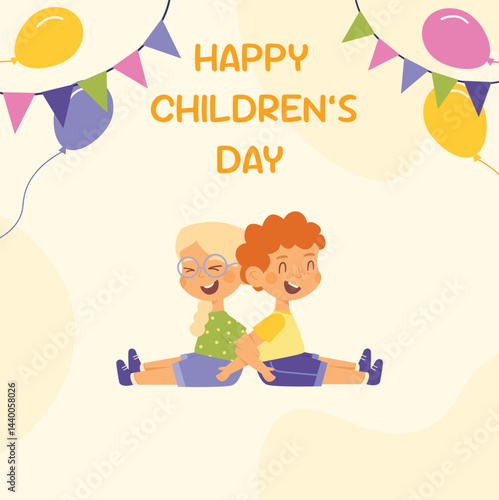 Happy International Children's Day. Group of cute smiling different nations boys and girls.Children together, multiethnic boys and girls. Kindergarten and school kids. Vector illustration flat cartoon