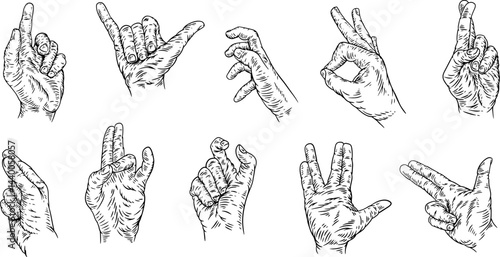 Hand drawn silhouettes hands gestures in engraved monochrome style. Set different design elements for grunge print. Modern vector retro illustrations with arm.