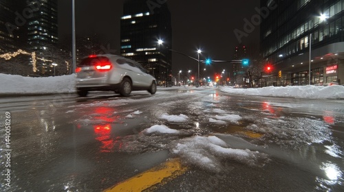 City street at night after snow.  Wet pavement reflecting city lights
