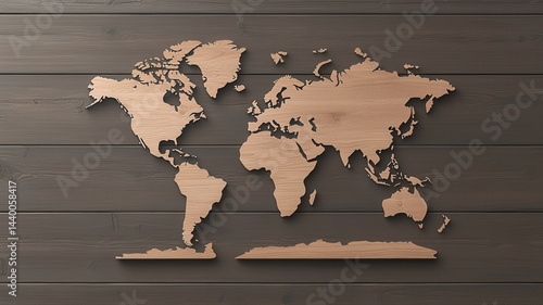 Fototapeta Naklejka Na Ścianę i Meble -  Wooden World Map on Plank Background world map wooden wood map background plank texture travel earth