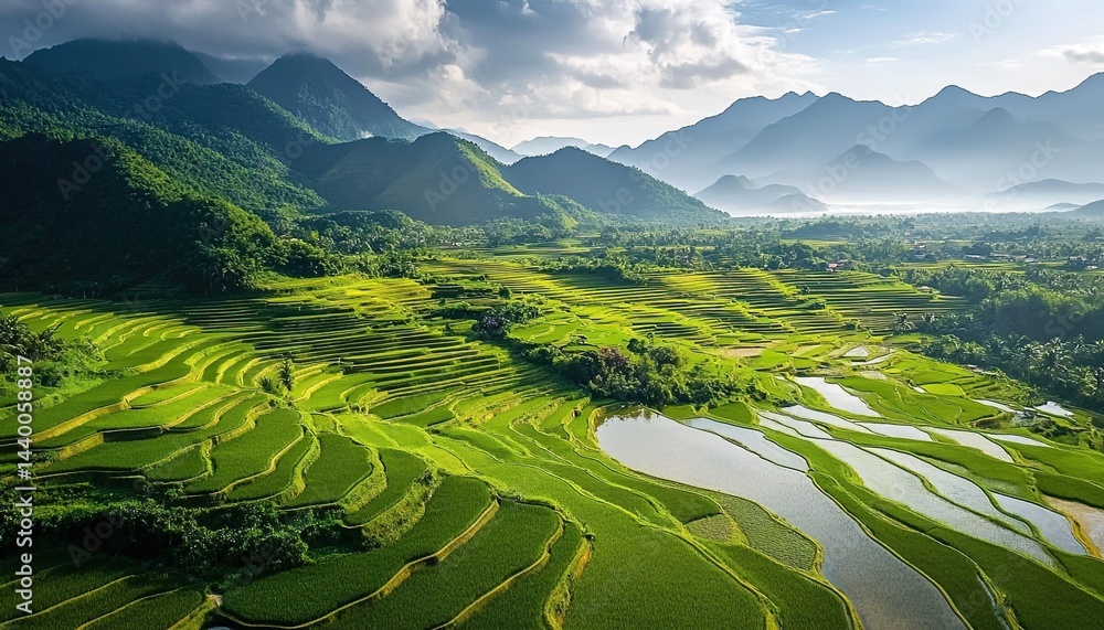 Obraz premium Terraced green rice fields surrounded by mountains and trees under cloudy sky.