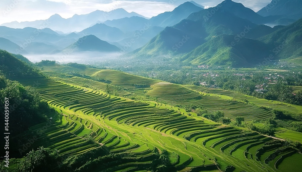 Naklejka premium Terraced green rice fields surrounded by mountains and trees under cloudy sky.