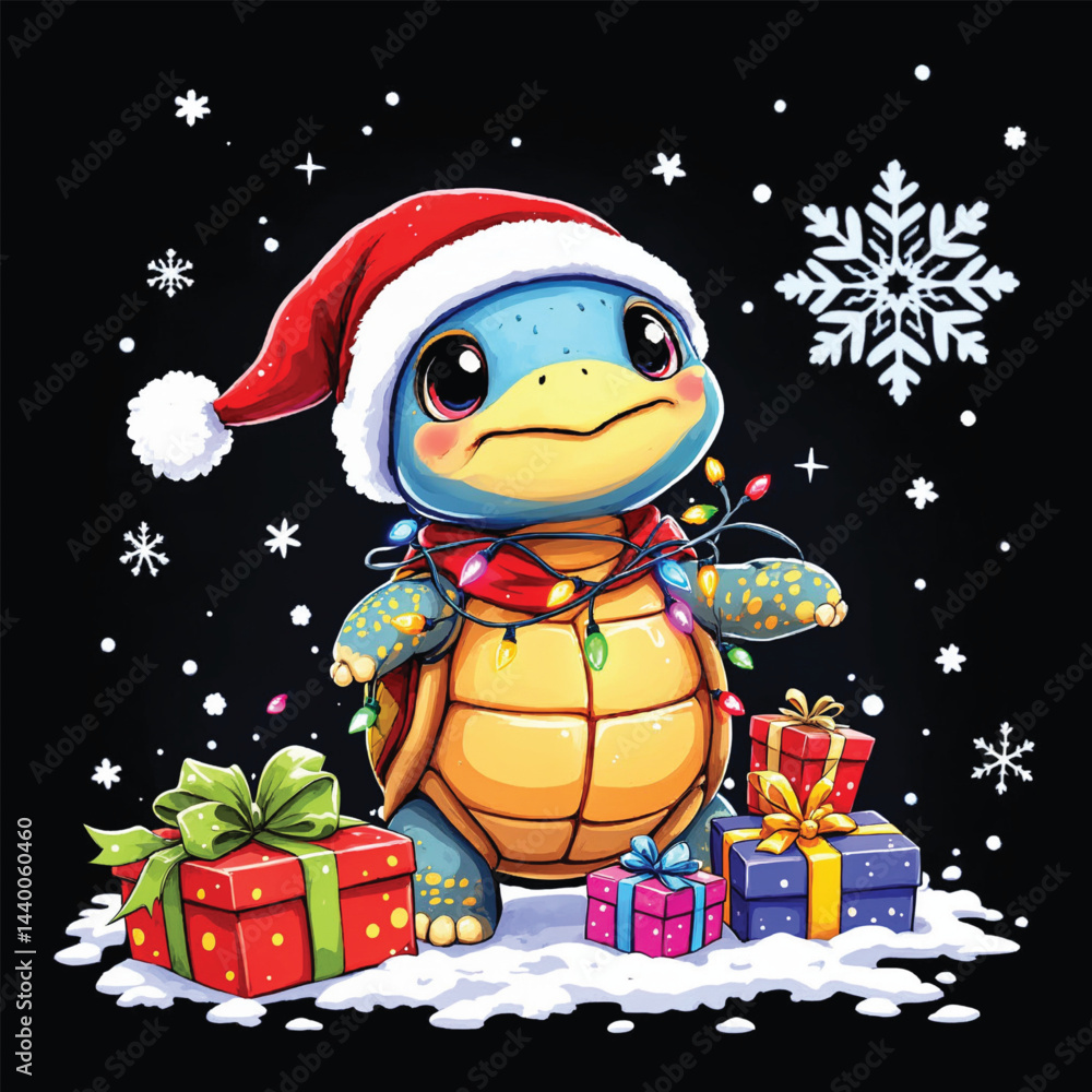 Sea Turtle Santa Hat Christmas Tree Light vector illustration on a black background Sea Turtle Santa Hat Christmas Tree Light vector illustration on a black background