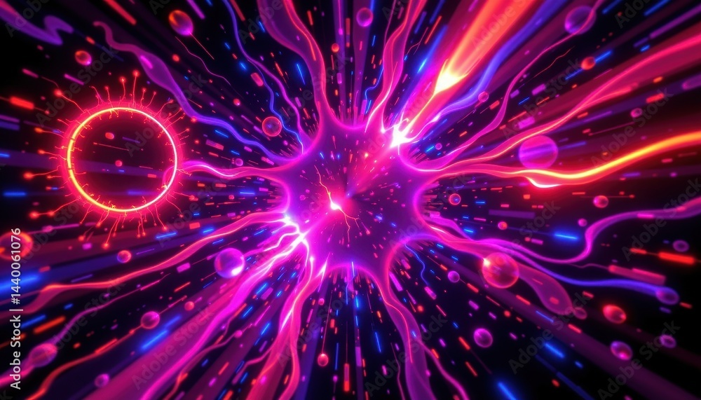 Fototapeta premium neon glow electric neon splashes glowing against a dark background, exuding energy and vibrancy.