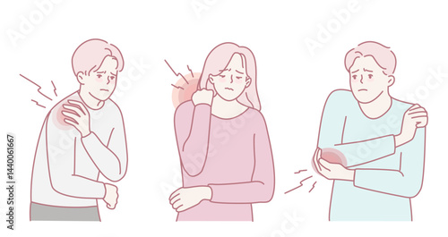 Vector art depicting individuals experiencing shoulder and arm pain, showcasing a variety of expressions and emotions