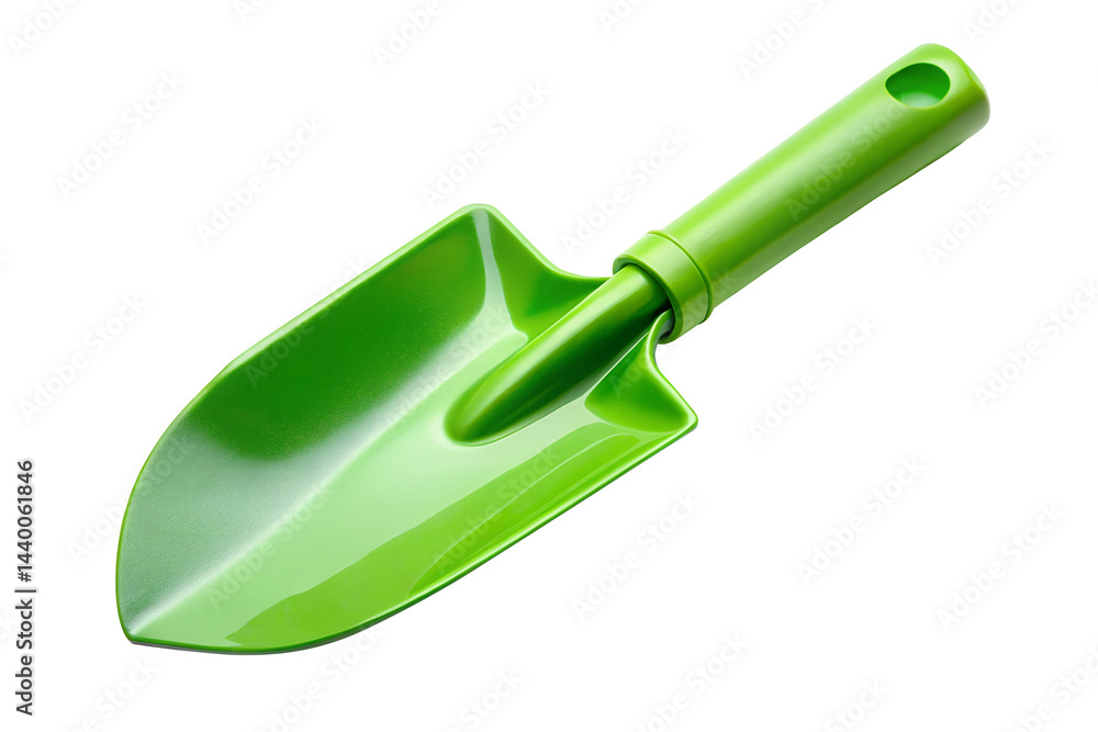 Green Garden Trowel with Plastic Handle on White Background, Essential for Planting Green Garden Trowel with Plastic Handle on White Background, Essential for Planting