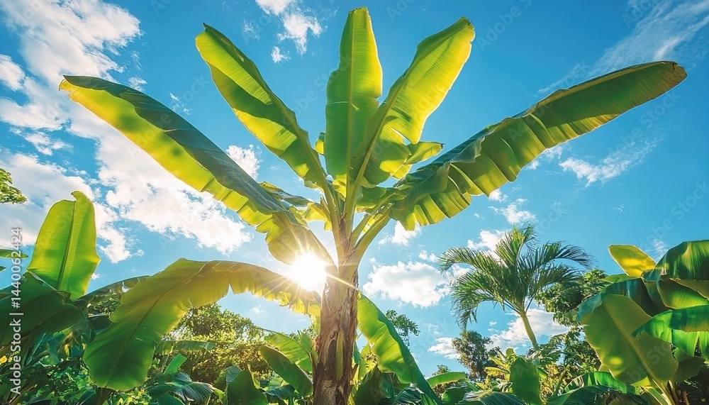 Fototapeta premium Banana tree with sunlight filtering through leaves under a blue sky.