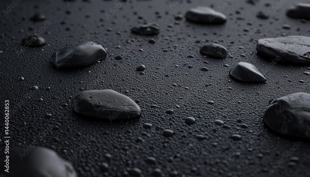 Black pebbles and water droplets on a dark background. Black pebbles and water droplets on a dark background.