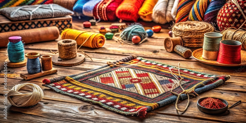 Fototapeta premium A woven rug sits atop a wooden table cluttered with various threads and sewing needles, creating an eclectic and cozy atmosphere, organized clutter, textiles