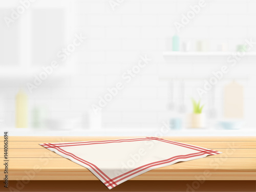 Wooden kitchen table with napkin against a defocused kitchen room background. Vector illustration
