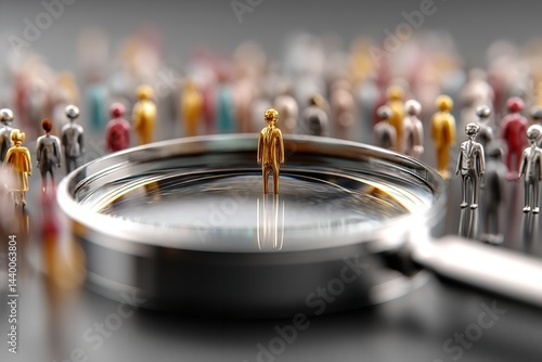 The management figure is surrounded by a variety of staff members in the magnifying glass. Generative Ai