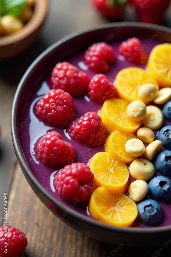Close-up of acai smoothie bowl with assorted fruits and nuts, health food, energy, vibrant Close-up of acai smoothie bowl with assorted fruits and nuts, health food, energy, vibrant
