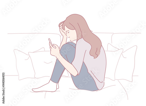 A young woman sits on a cozy couch, deeply lost in thought with her smartphone, experiencing mixed emotions