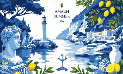 Design a modern elegant vector illustration inspired by the Amalfi Coast , easily eatable