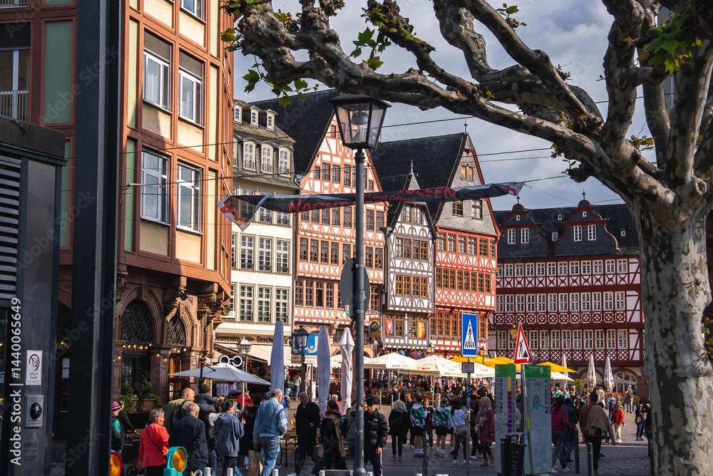 Romerberg square in Frankfurt, Germany, features red and white half timbered buildings, a lively crowd, bare trees, street signs, and lampposts on a sunny day.