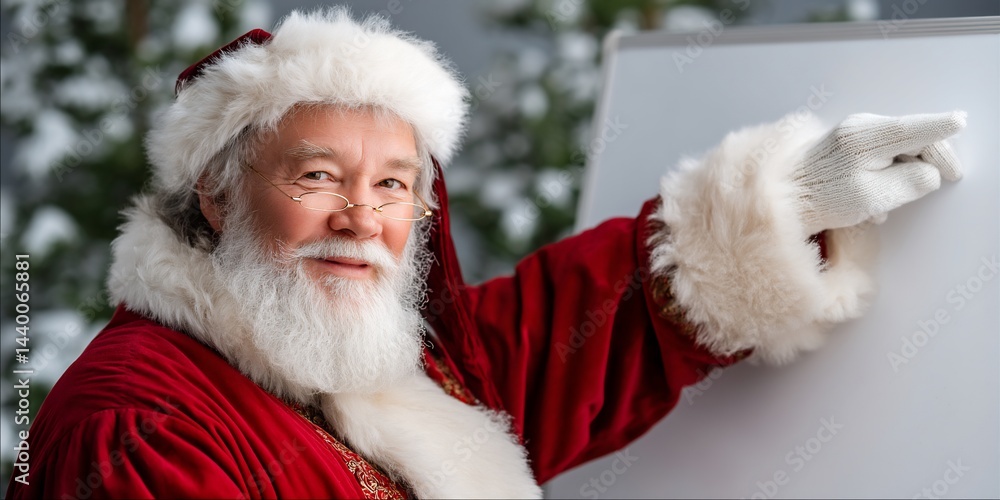 Obraz premium Santa Claus presenting on a whiteboard, winter background