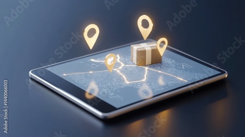 Wallpaper Mural Tablet screen with interactive delivery tracking map, highlighted parcel route, courier icons, soft lighting Torontodigital.ca