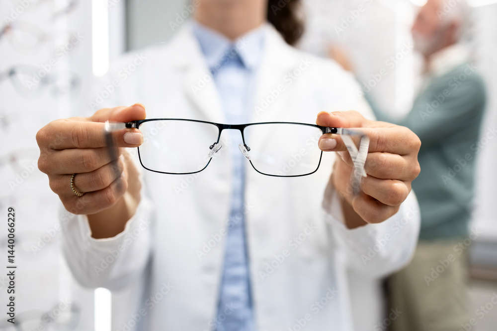 Close up view of eyeglasses held by optician in optics store.