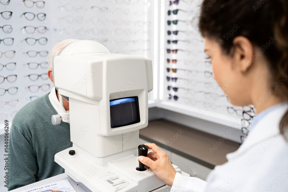 Obraz premium Professional ophthalmologist testing patient eyesight and diopter using auto refractor optics instrument.