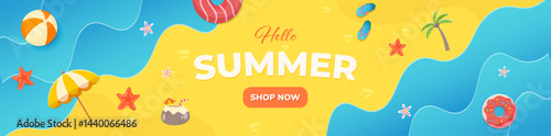 Summer web banner tropical beach vibes yellow background with beach decoration 
