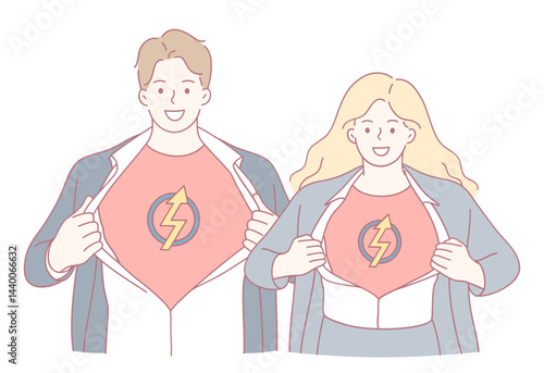 A cheerful pair of superheroes unveiling their identities with vibrant shirts showcasing a lightning bolt.