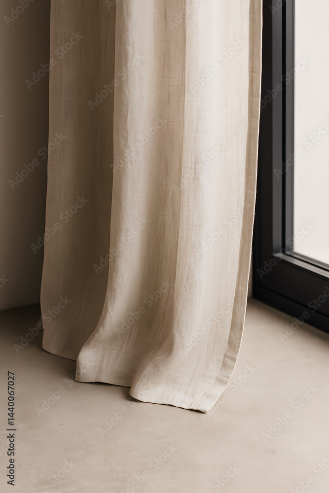 close-up of a beige linen curtain gently touching the floor with dark framed window close-up of a beige linen curtain gently touching the floor with dark framed window