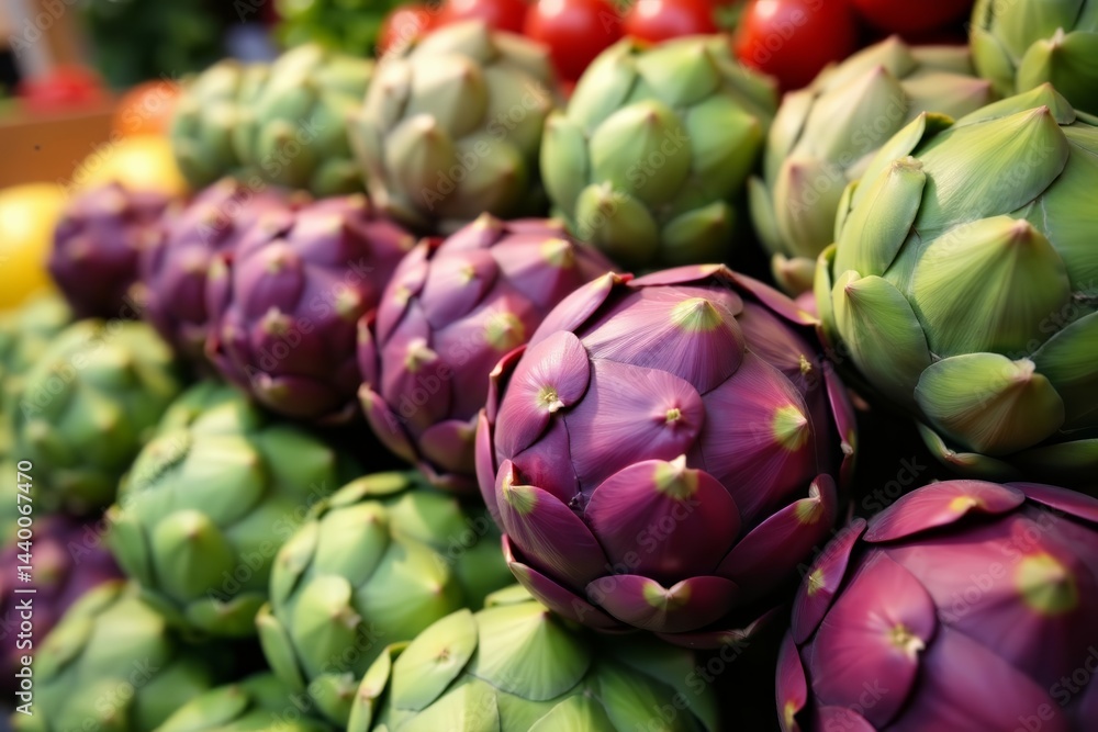 Fototapeta premium Close up of artichokes on display at a local farm stand, market, natural, healthy