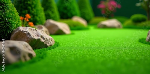 Close up of artificial grass and rocks on mini golf course, texture, play, competition