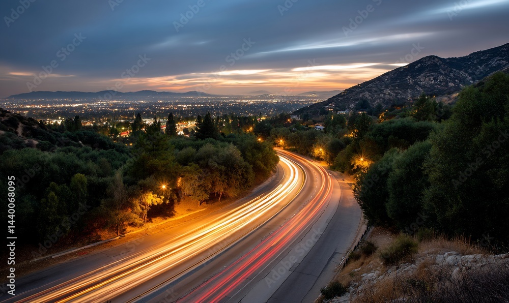 Fototapeta premium Scenic highway at dawn overlooking city lights and hills. Possible use Stock photo for travel, landscapes, and nature