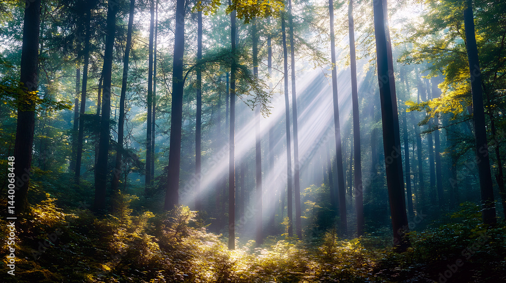 Obraz premium Towering Trees with Sunbeams