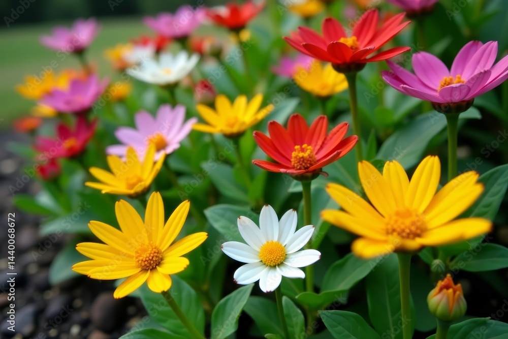 Close-up of assorted flowers and leaves in a garden, blossoms, floral, greenery Close-up of assorted flowers and leaves in a garden, blossoms, floral, greenery