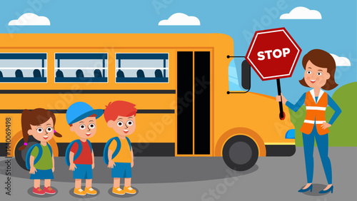 School Kids Boarding a School Bus with Crossing Guard Holding Stop Sign. Back to School Concept