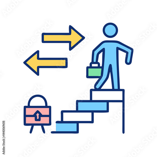 Career Choices: Man Ascending Stairs, Options Indicated by Arrows, Overcoming Challenges