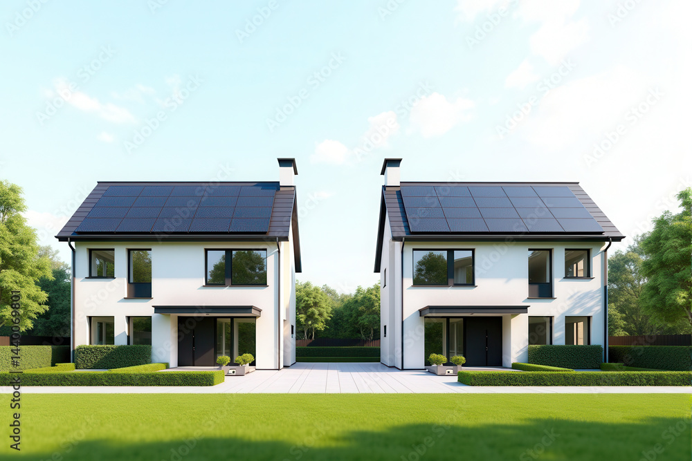 A modern duplex with solar panels on each unit’s roof, surrounded by neatly trimmed hedges and trees. A modern duplex with solar panels on each unit’s roof, surrounded by neatly trimmed hedges and trees.