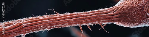 Close up view of a neuron with myelin sheath and nodes of ranvier against a dark background in detail