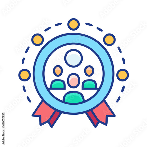 Team Achievement Badge with Ribbon and People Icon on Black Background