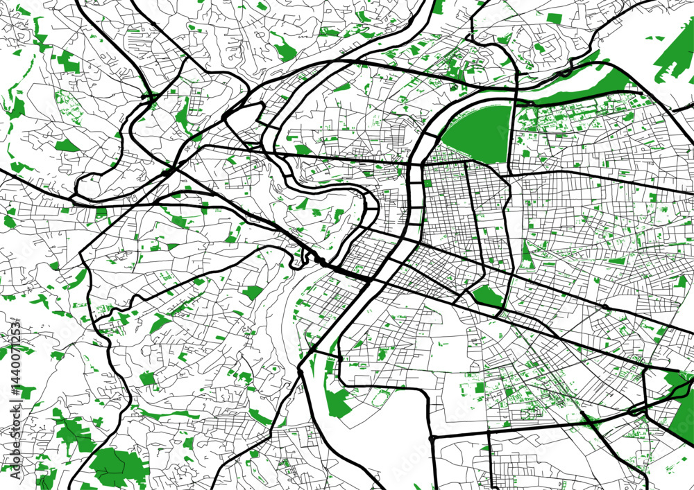 Fototapeta premium Plan ville Lyon routes axes rivièresespaces verts et parcs