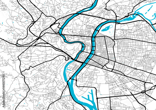 Plan ville Lyon routes axes rivières et plans d'eau