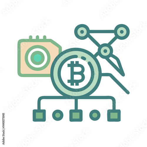 Bitcoin Technology and Blockchain Network Connection Icon, Decentralized Digital Currency