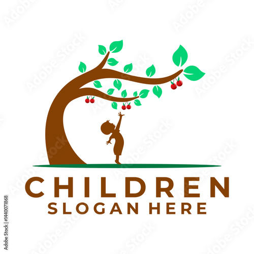 Children Playing and Tree logo design vector template. little boy trying to pick fruit vector illustration