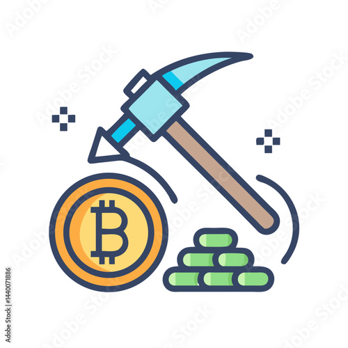 Bitcoin Mining Concept: Pickaxe, Cryptocurrency Coin, and Green Tokens Illustration