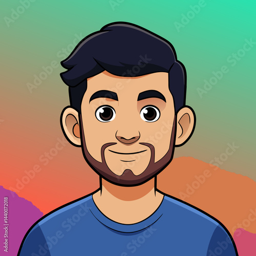 Young man avatar portrait with a friendly expression on a colorful abstract background, copy space