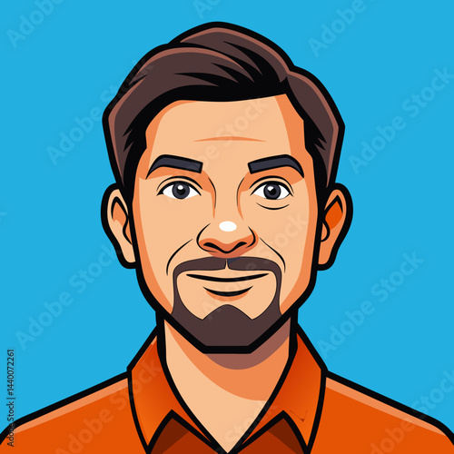 Friendly male avatar portrait with a charming smile on a bright blue background, copy space  