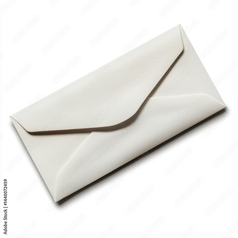 Sleek angled white envelope placed on clean white background for mailing or document packaging Sleek angled white envelope placed on clean white background for mailing or document packaging