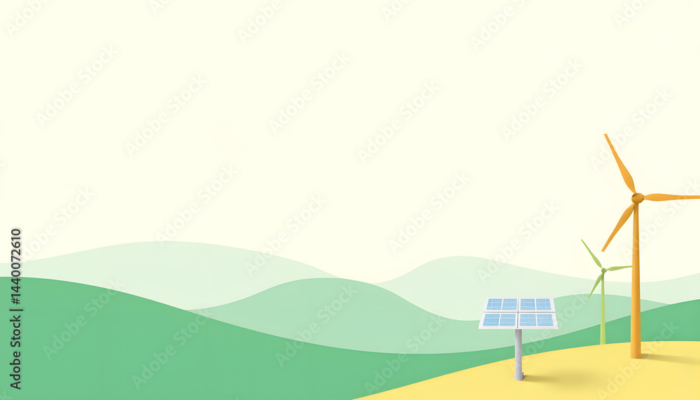 Fototapeta premium Solar panel and wind turbines in minimalist landscape