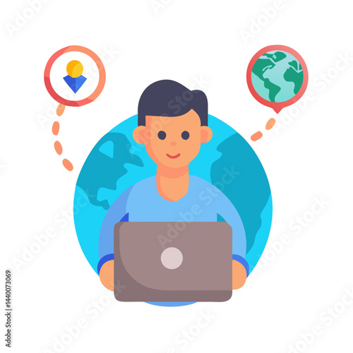 Global Connectivity: Man Using Laptop with Location and World Icons