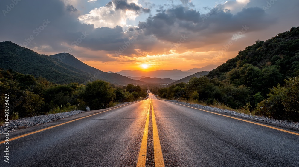 Naklejka premium Scenic highway leading to sunset over mountain range. Possible use travel brochure, tourism advertisement, inspirational poster