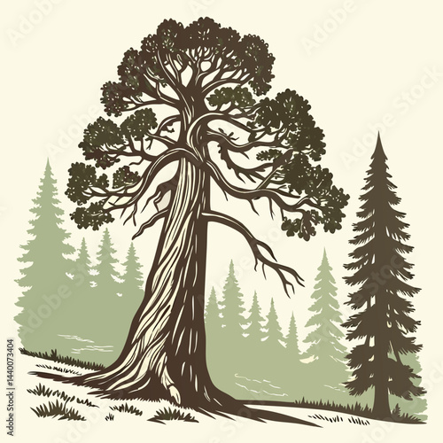 A detailed vector illustration of the President Tree, the iconic giant sequoia in Sequoia National Park, California, showcasing its towering presence and intricate bark texture.